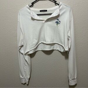 Brandy Melville Ultra Cropped Long Sleeve Flower Emblem Tee White OS Best For S